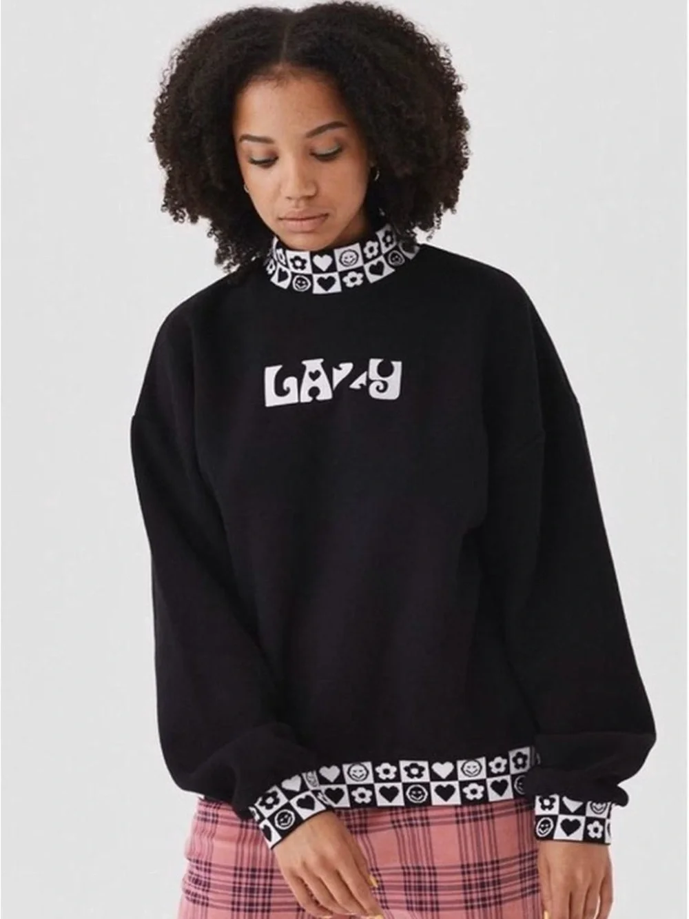 Lazy Oaf Black Sweatshirt Hearts Monochrome Mockneck y2k Women’s Small Medium